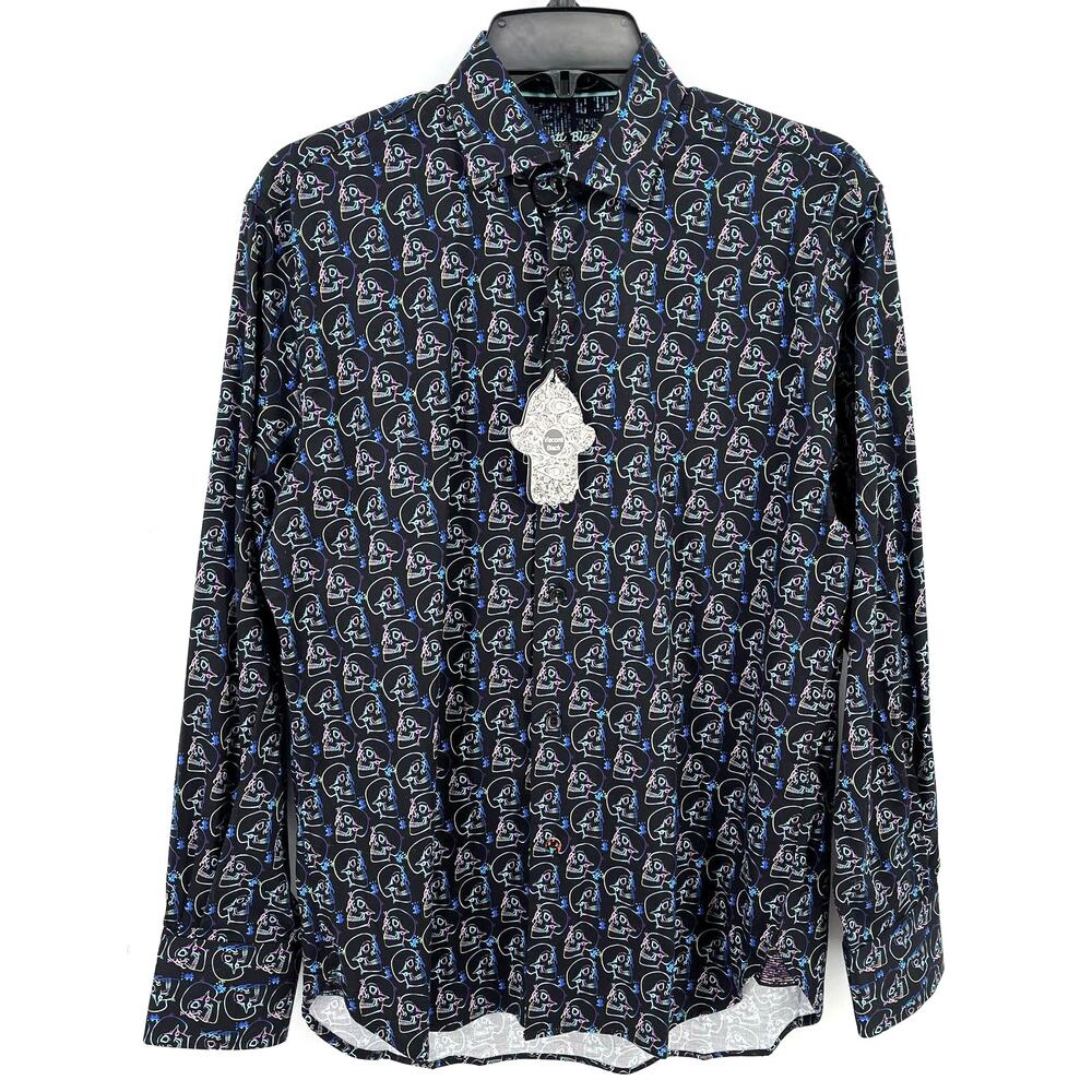 Luchiano Visconti Black Skull Button Front Dress Shirt Sz Small Colorful